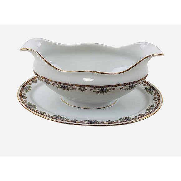 Royal Beyreuth Gravy Boat Bavaria Porcelain Gold Trim Floral Attached Underplate - Picture 5 of 9